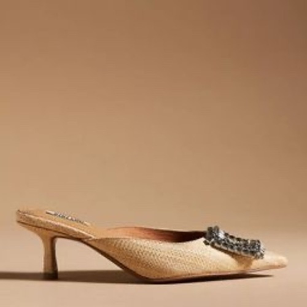 Bibi Lou Heel In Cream Raffia Crystal Buckle Kitten Heel Mules Pointed Toe 7.5